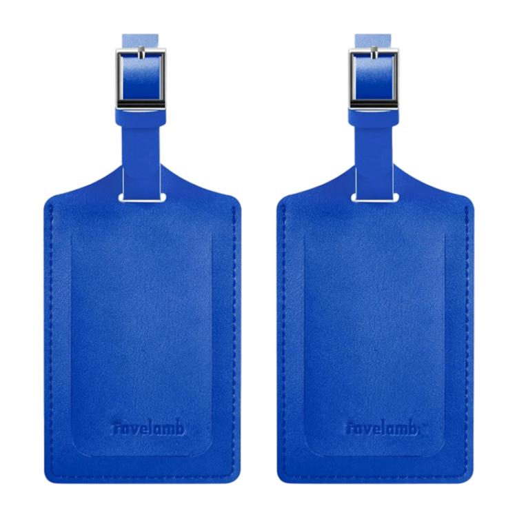 Pair vintage PU leather luggage tags in blue, with metal buckle and stitched edges