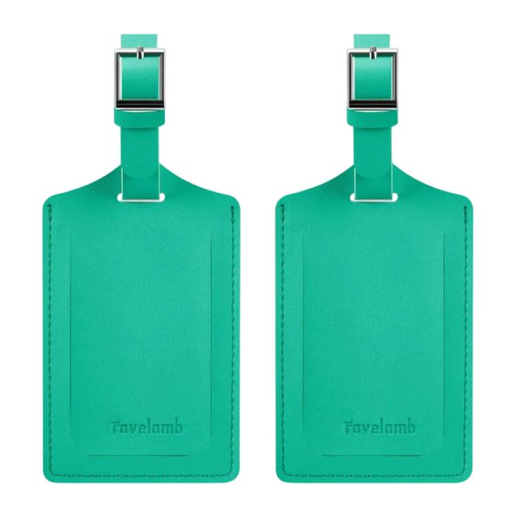 Pair vintage PU leather luggage tags in green, with metal buckle and stitched edges