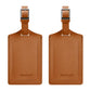 Pair vintage PU leather luggage tags in brown, with metal buckle and stitched edges