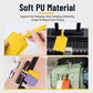Yellow PU leather luggage tag on luggage, secure clip and stitched texture