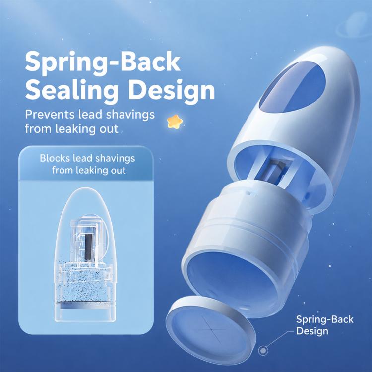 Blue cap-style pencil sharpener with spring-back sealing design