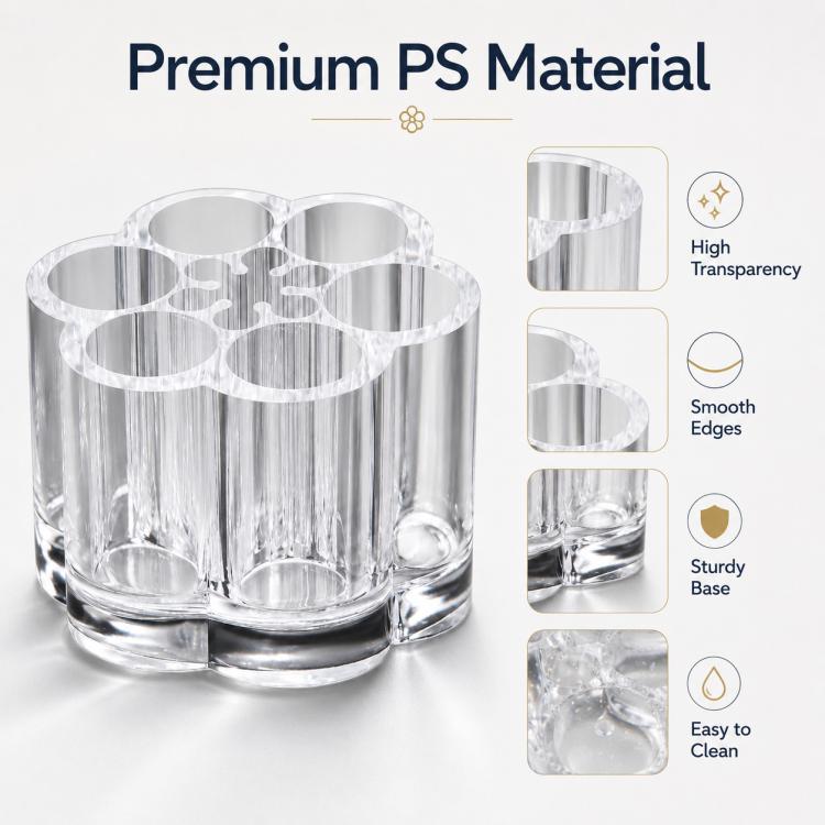 Clear plastic pen holder organizer with circular slots and smooth molded edges