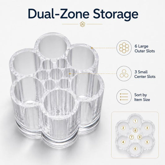 Dual-zone clear pen holder with 6 outer slots and 3 center slots