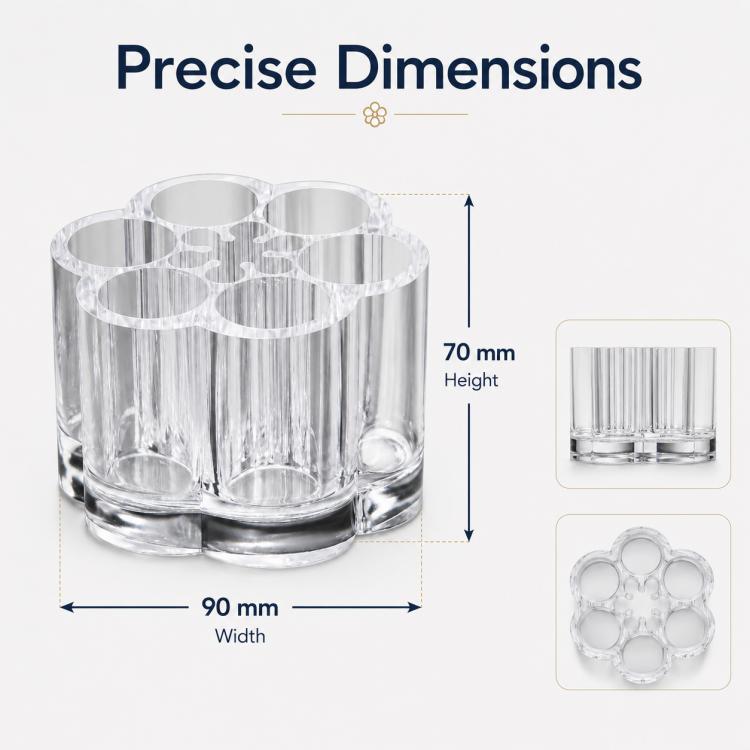 Transparent plastic pen holder with 90 mm width and 70 mm height, open compartments