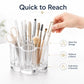 Clear plastic pen holder with open-top design holding upright pens and brushes