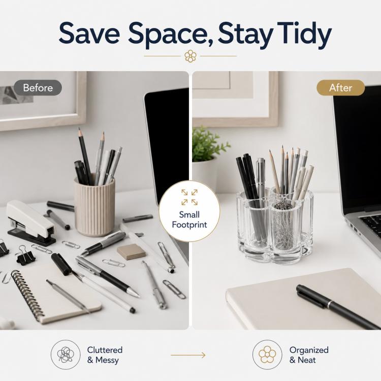 Transparent plastic pen holder on desk with multiple slots for organized stationary
