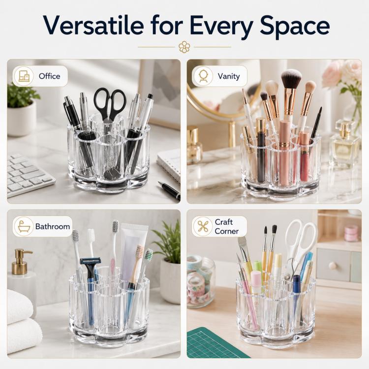 Clear plastic pen holder organizer for office, vanity, bathroom, and craft supplies