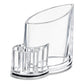 Clear plastic pen holder with outer side walls and upright pen slots