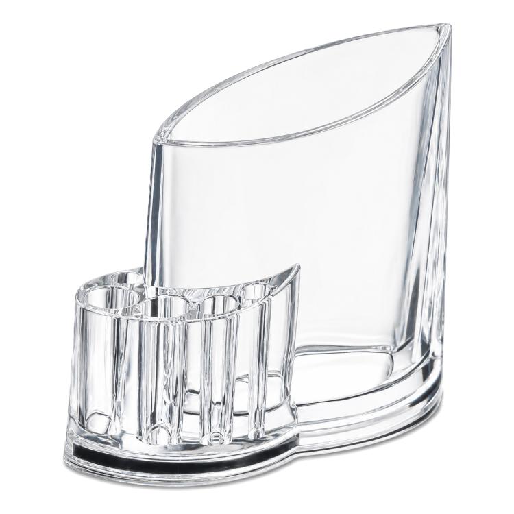 Clear plastic pen holder with outer side walls and upright pen slots