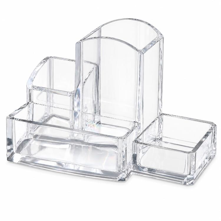 Transparent plastic pen organizer with 4 compartments plus a central holder and base trays