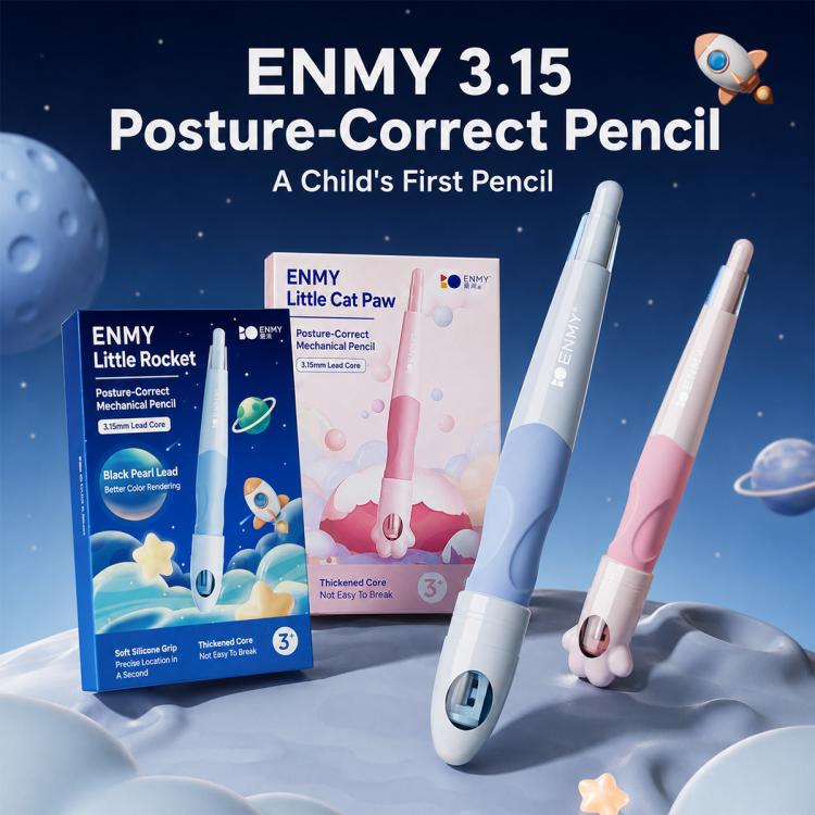 Blue posture-correct mechanical pencil with cat-paw rocket shape, shown with pink