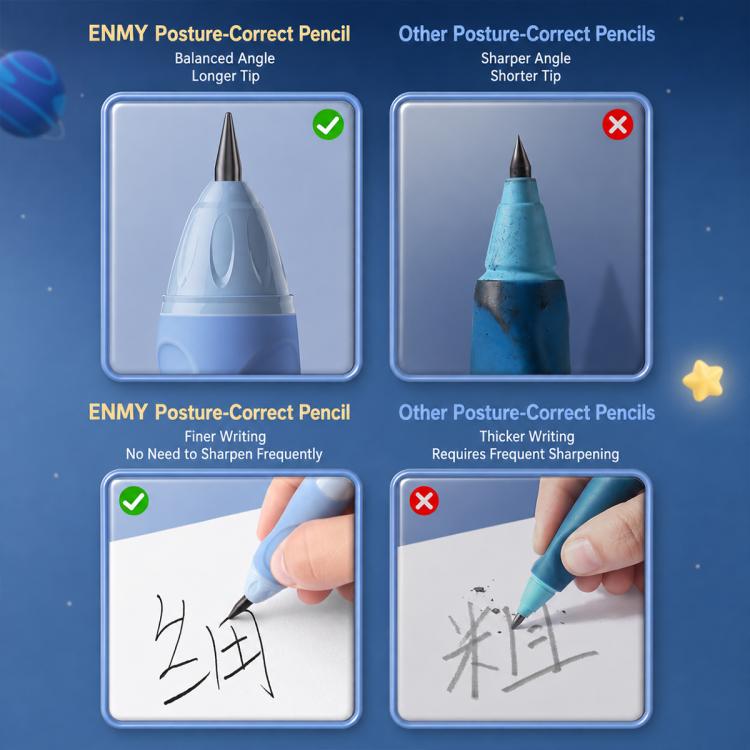 Comparison chart showing posture-correct mechanical pencil with angled balanced tip