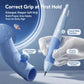 Blue cat-paw rocket-shaped posture-correct mechanical pencil held in grip positions