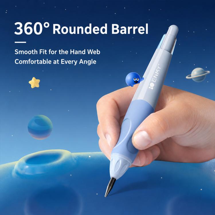 Blue cat-paw rocket-shaped posture-correct mechanical pencil in hand, rounded barrel
