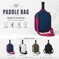 Navy blue neoprene paddle bag with magenta trim and single shoulder strap.