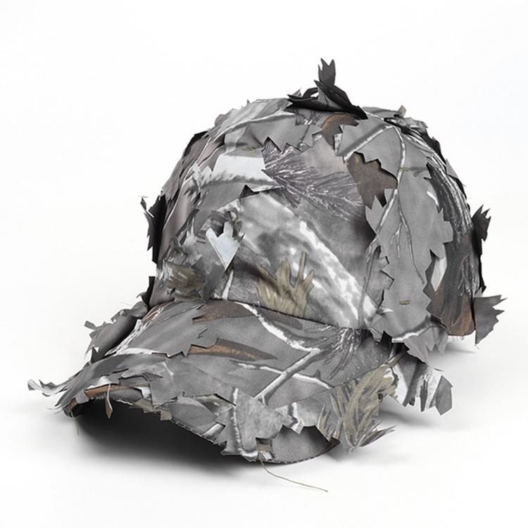 Grey leaf-camouflage dome sunshade cap with layered fabric texture and short brim