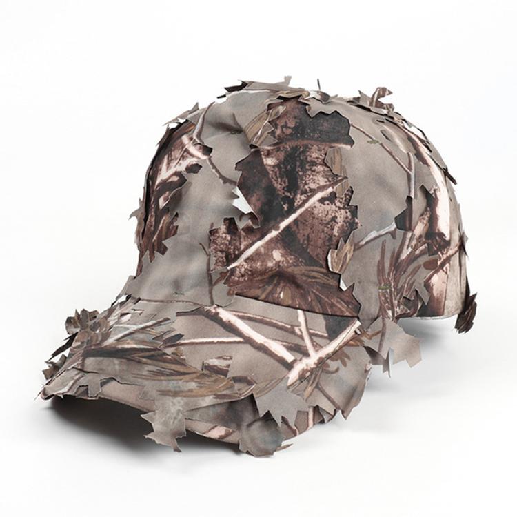 Grey and brown leaf-camouflage dome sunshade cap with layered 3D leaf edges