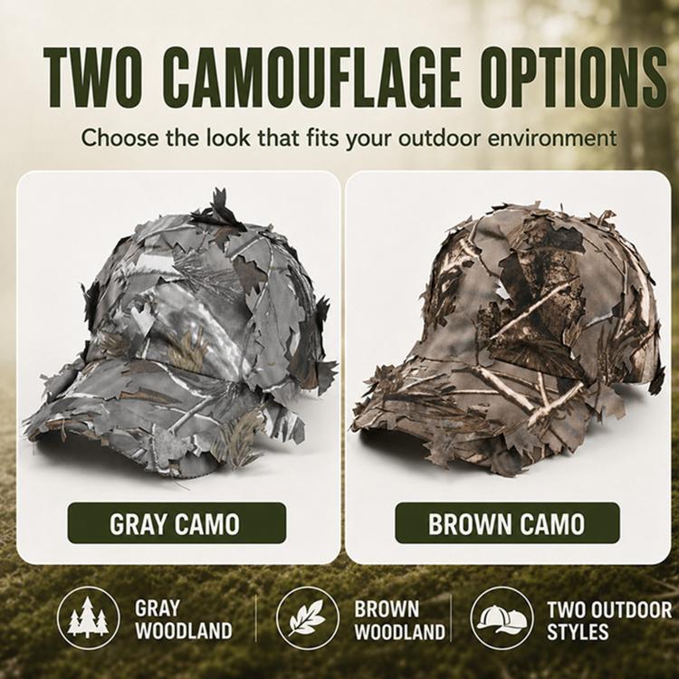 Two leaf-camouflage dome sunshade caps in grey and brown with layered 3D leaves