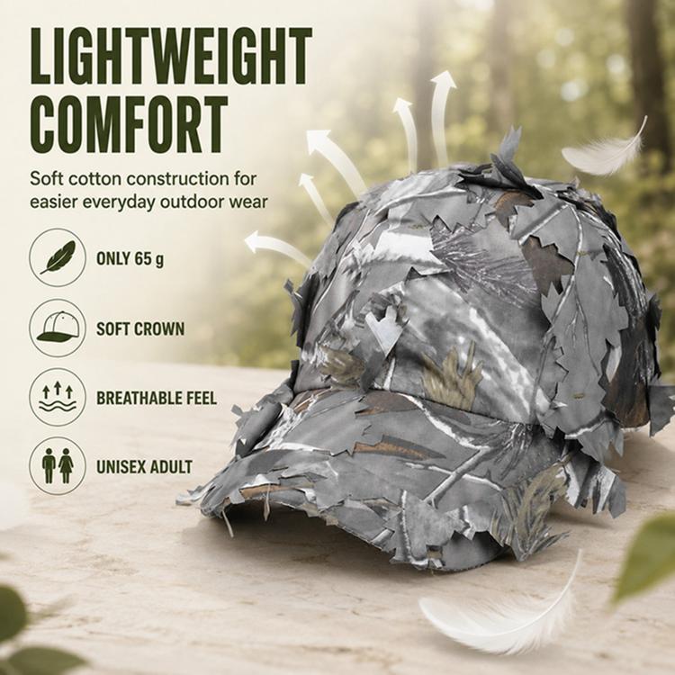 Grey leaf-camouflage dome sunshade cap with soft crown and curved brim