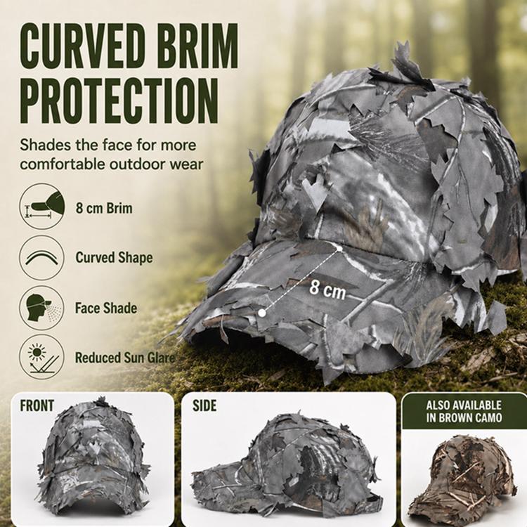 Grey leaf-camouflage dome sunshade cap with curved brim and face-shading coverage