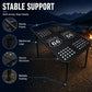 Portable folding metal dining table with sturdy metal legs and perforated mosaic tabletop.