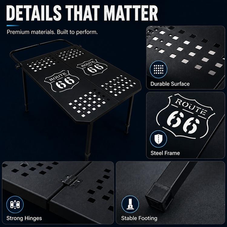 Portable folding metal dining table frame with perforated mosaic tabletop and hinges.