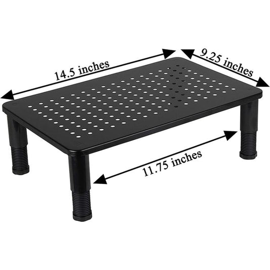 Black ventilated monitor stand with perforated top, 14.5 x 9.25 x 11.75 in