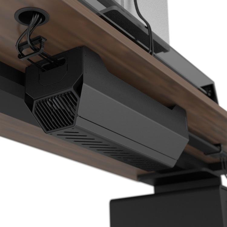 Dark under-desk metal cable management box with vented side grille