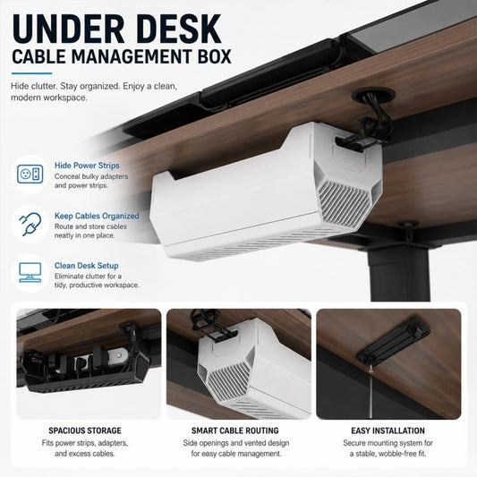White under-desk cable management box mounted under a desk with power pass-through