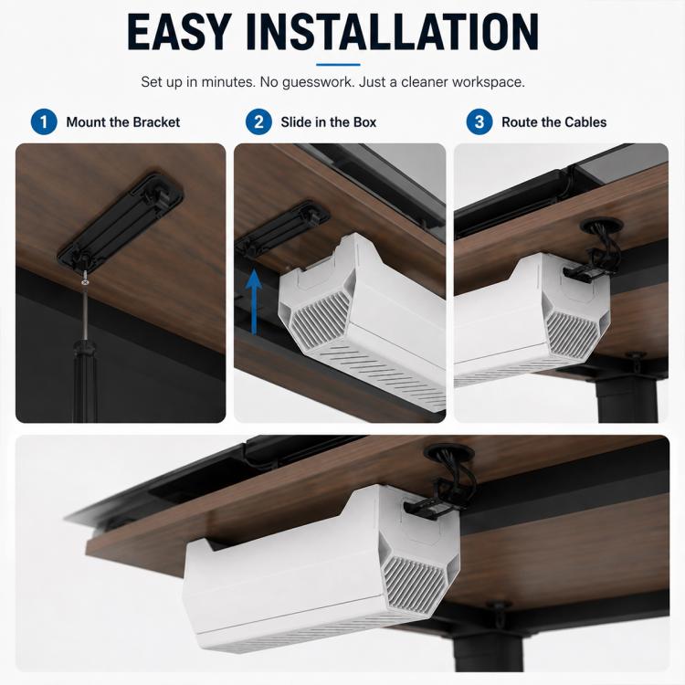 White under-desk cable management box shown during installation under desk