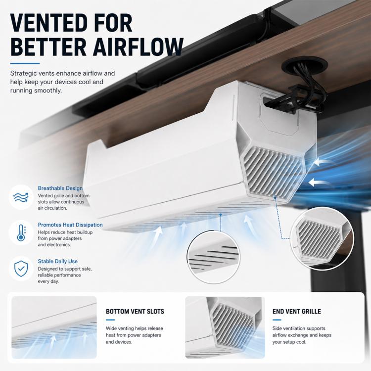 White under-desk cable management box with vent slots for airflow