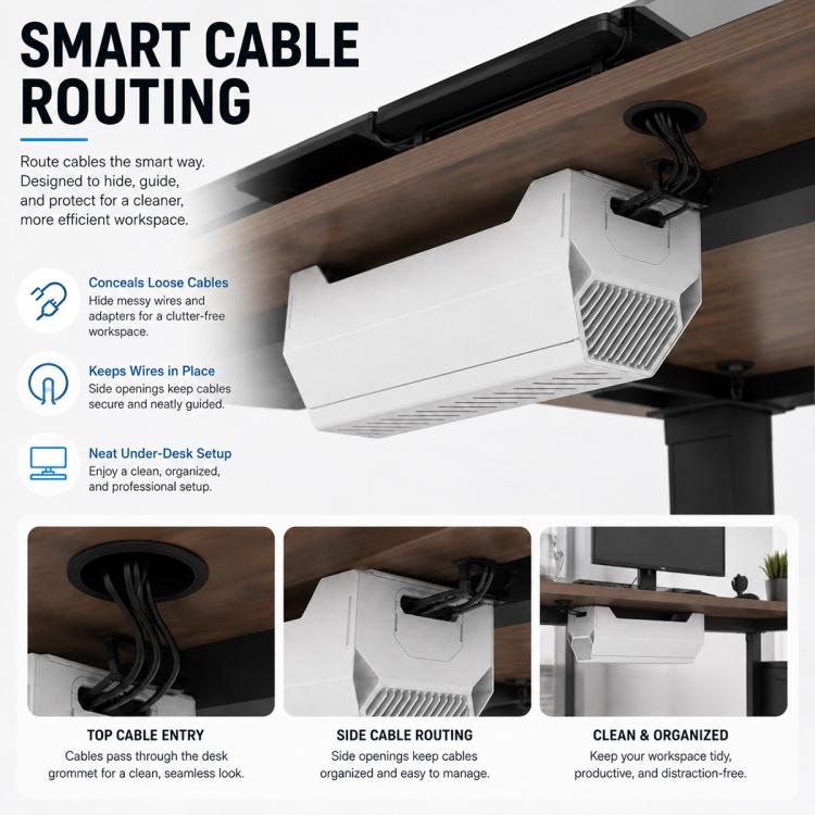 White under-desk cable management box with side routing opening