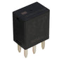 Black 5-pin relay module with three metal prongs and printed top label markings