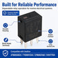 Black 5-pin relay shown with reliable performance feature callouts