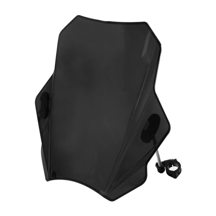 Black universal motorcycle windshield with side mount cutouts and bracket pieces