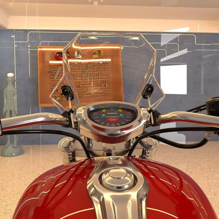 Universal motorcycle windshield mounted on handlebars above the instrument area
