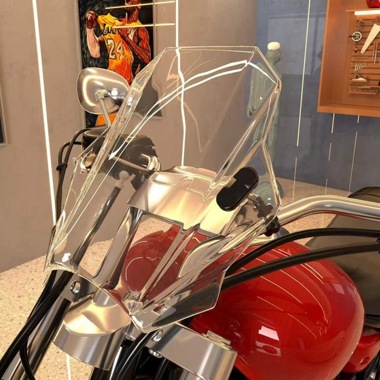 Clear universal motorcycle windshield on a red motorcycle front with mounting points