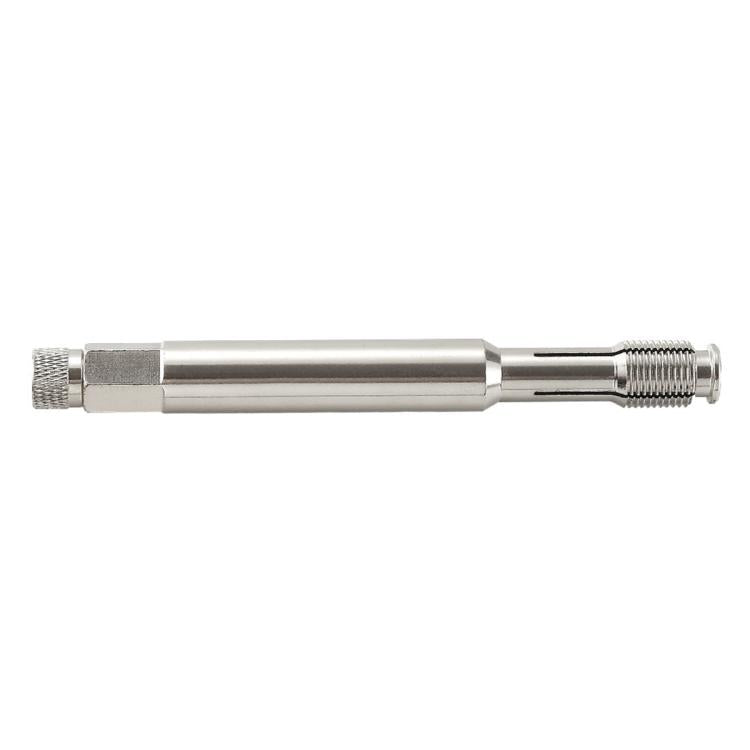 Spark plug thread repair tool with dual threaded ends and knurled grip, silver metal