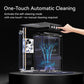 Clear-lidded ice maker with one-touch cleaning mode, hand pressing the control panel.