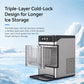 Stainless ice maker with transparent ice storage bin and front ventilation grille.