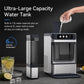 Stainless ice maker with tall external water tank and front ice-cube chamber.