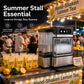 Stainless steel ice maker with transparent water tank and ice storage bin, black top panel