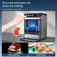 Stainless steel countertop ice maker with clear ice bin, blue ice, and touch control panel.