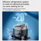 Stainless ice maker with frosty vapor around the ice bin and open top.