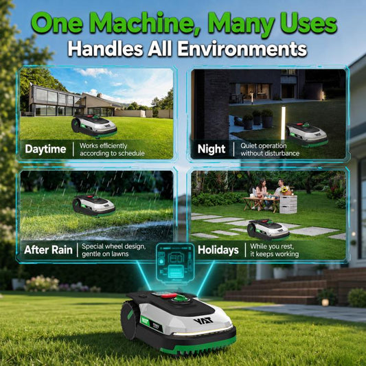 Compact robot lawn mower on wheels with green-and-black cutting deck front