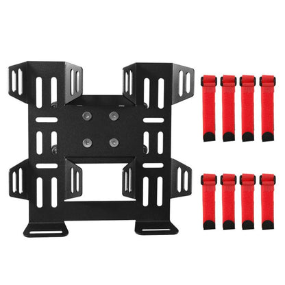 Black side case fuel bottle mount bracket with four red magic tape straps