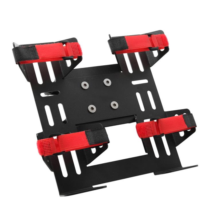 Black fuel bottle mount bracket with four red straps and mounting holes