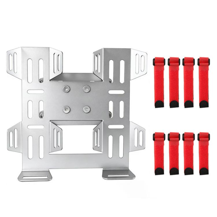 Silver fuel bottle mount bracket with four red strap pads