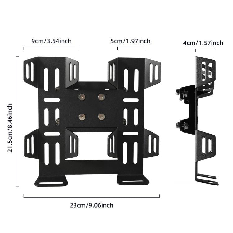 Black fuel bottle mount bracket with overall size dimensions diagram