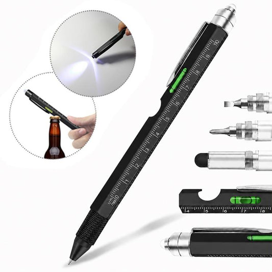 Black multifunction tool pen with LED window, ruler scale, bubble level, and bottle opener